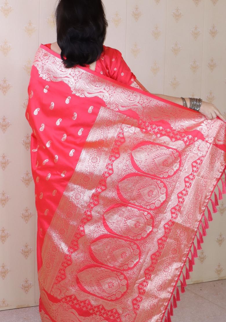 Red Woven Silk Blend Saree Set - Indya