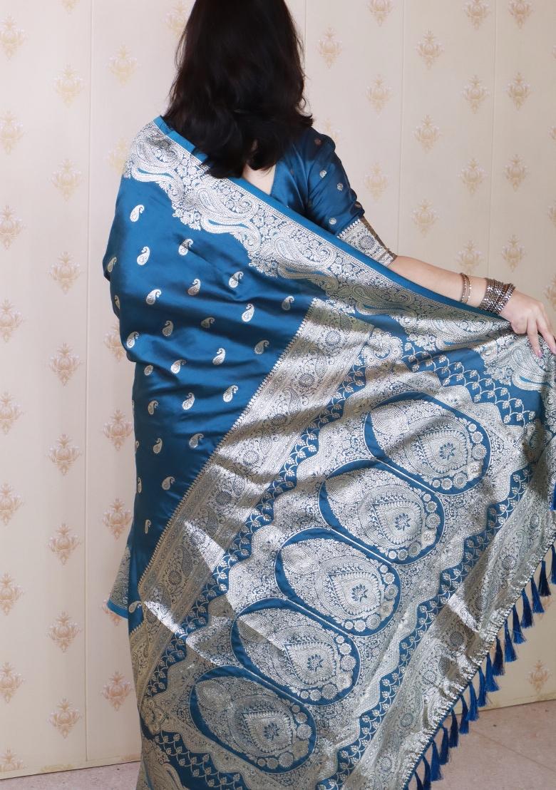 Teal Woven Silk Blend Saree Set - Indya