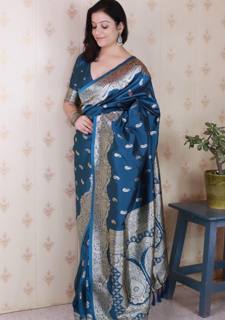 Teal Woven Silk Blend Saree Set - Indya