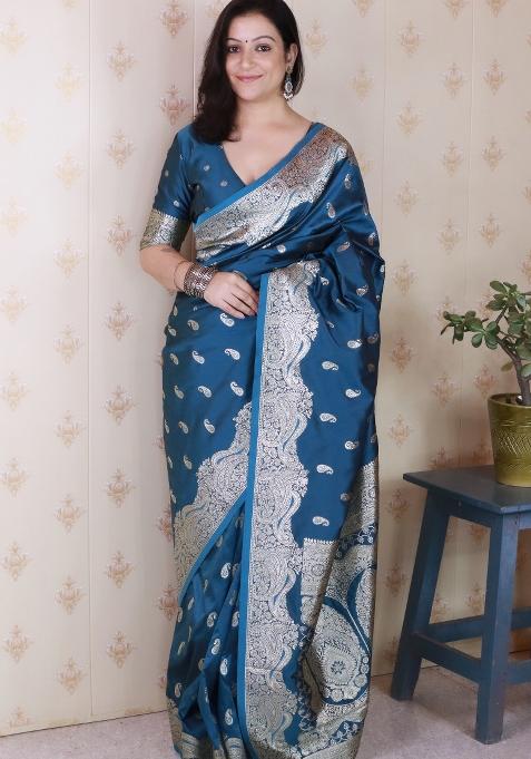 Teal Woven Silk Blend Saree Set