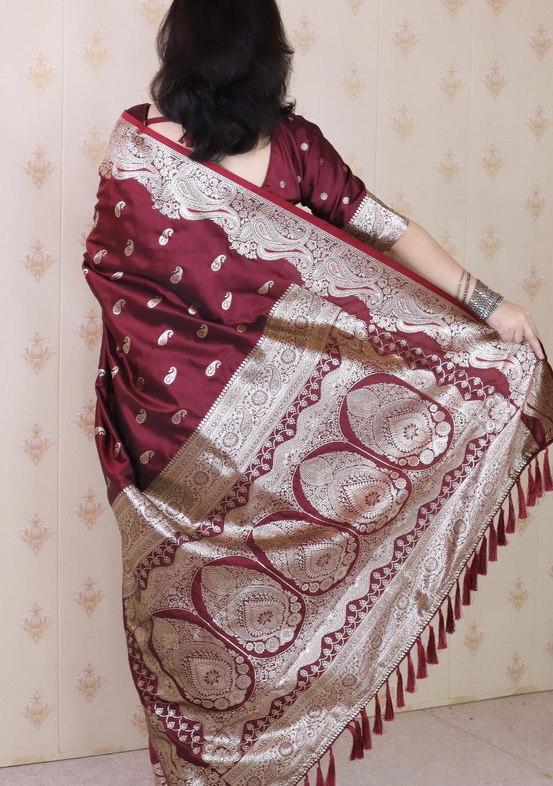 Brown Woven Silk Blend Saree Set - Indya