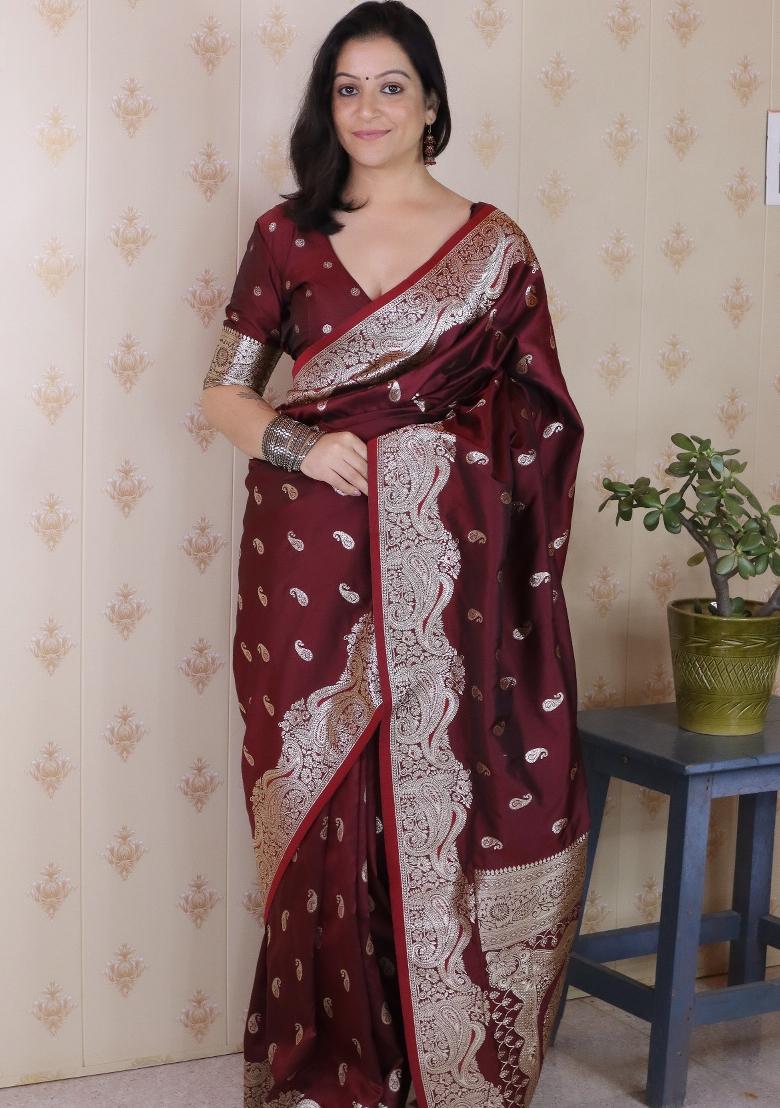 Brown Woven Silk Blend Saree Set - Indya