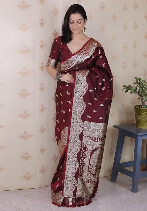 Brown Woven Silk Blend Saree Set