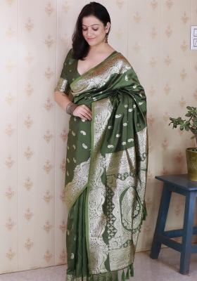 Green Woven Silk Blend Saree Set