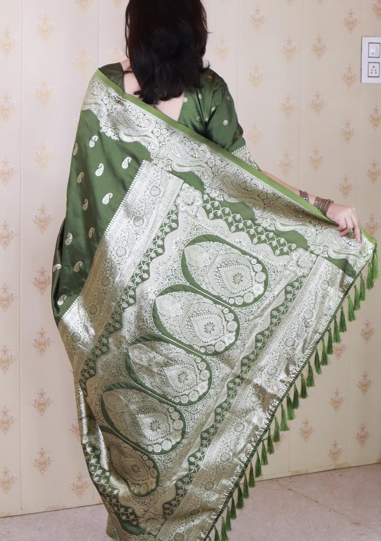 Green Woven Silk Blend Saree Set - Indya