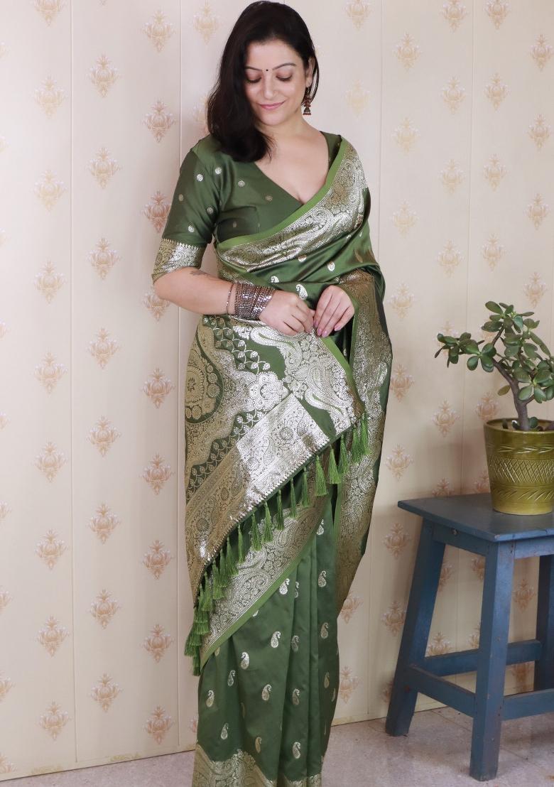 Green Woven Silk Blend Saree Set - Indya