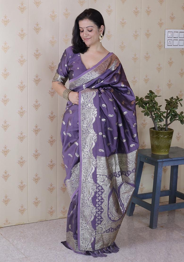 Grey Woven Silk Blend Saree Set - Indya