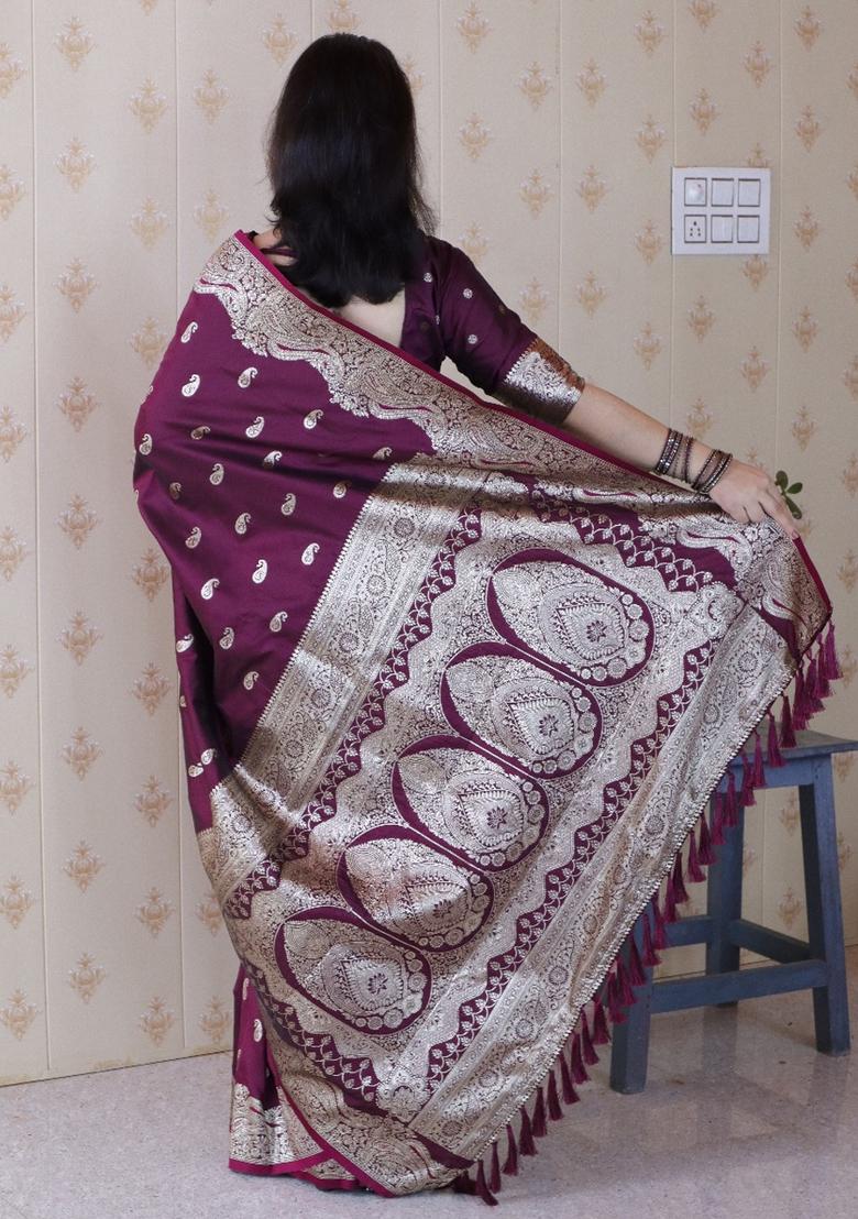 Wine Woven Silk Blend Saree Set - Indya