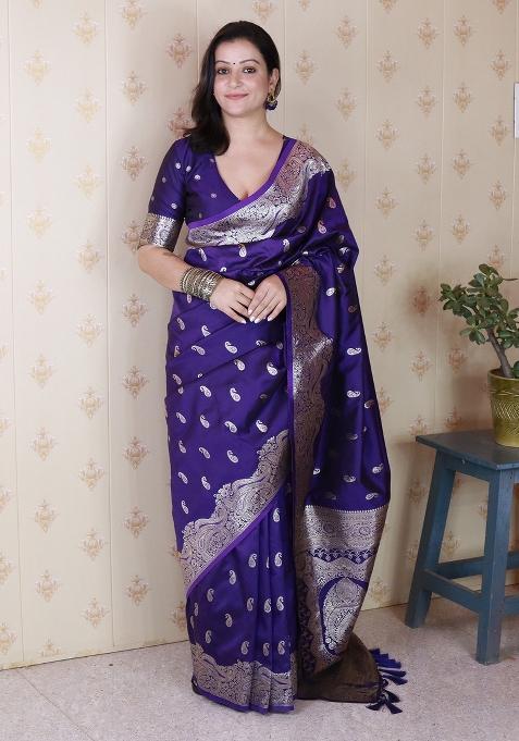 Violet Woven Silk Blend Saree Set