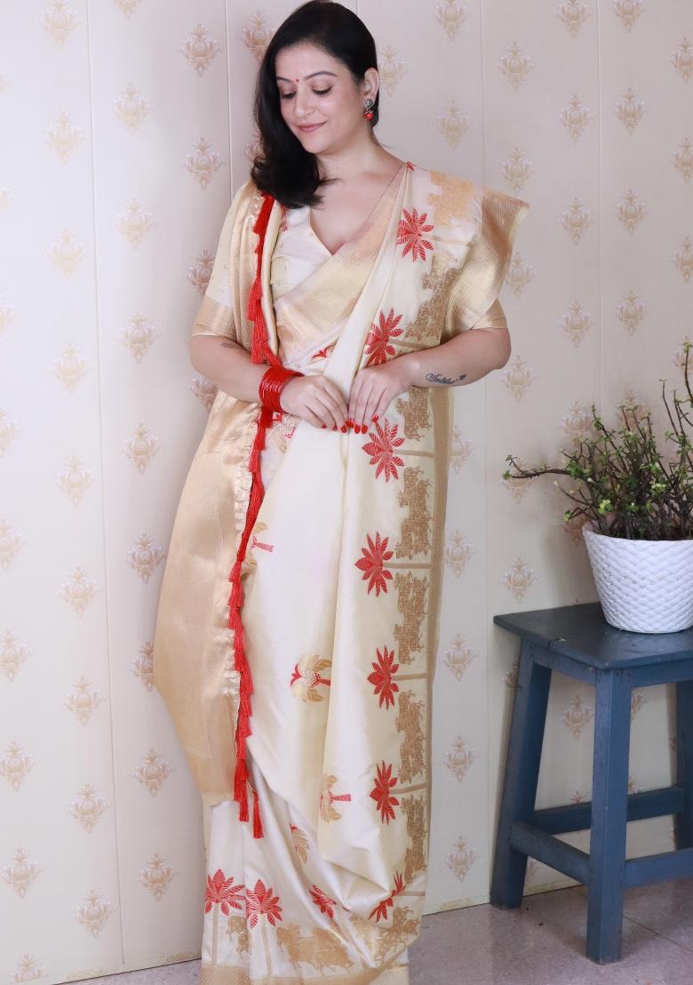 Cream Woven Silk Blend Saree Set - Indya