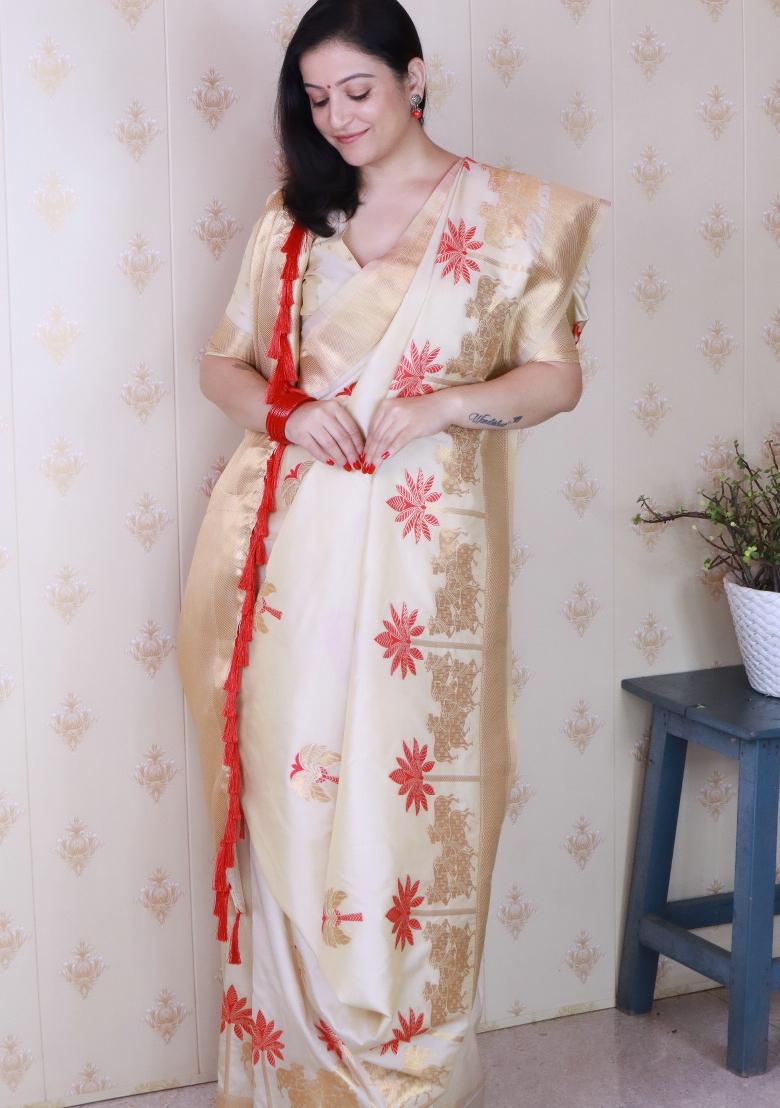 Cream Woven Silk Blend Saree Set - Indya