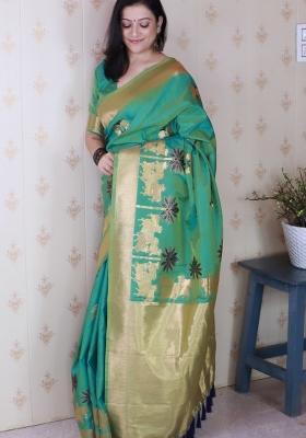Green Woven Silk Blend Saree Set