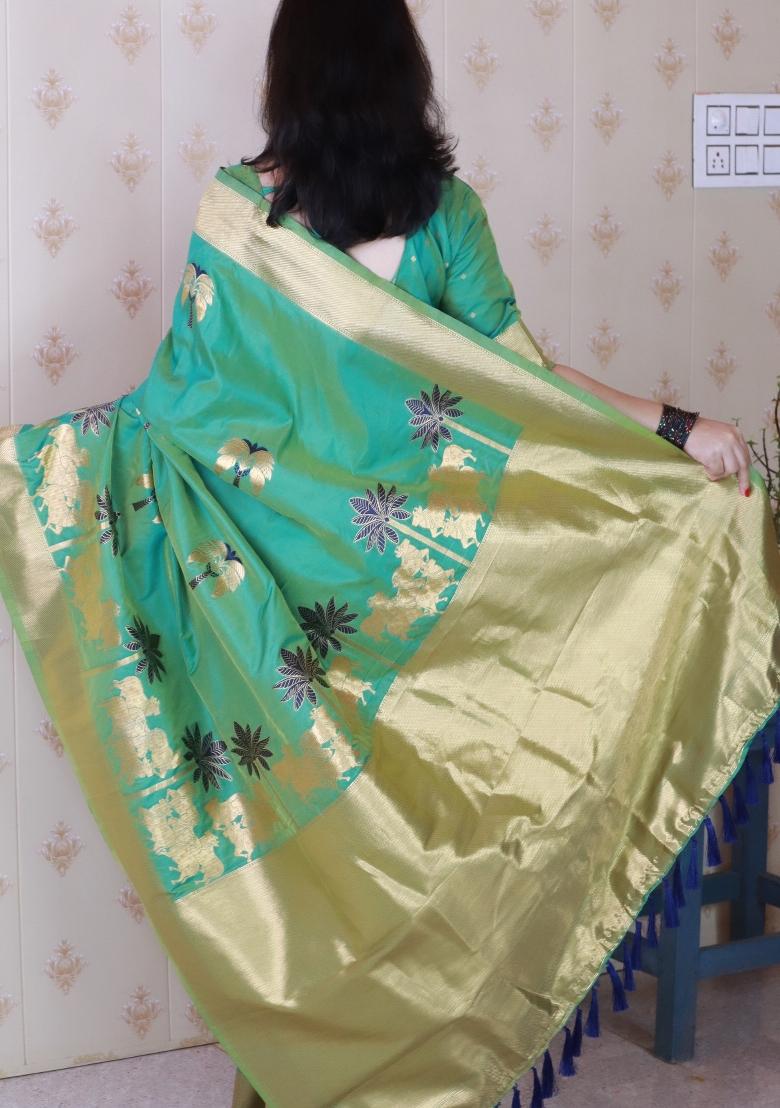 Green Woven Silk Blend Saree Set - Indya