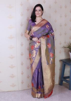 Lavender Woven Silk Blend Saree Set