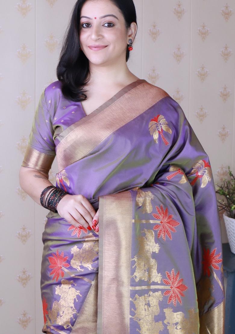 Lavender Woven Silk Blend Saree Set - Indya