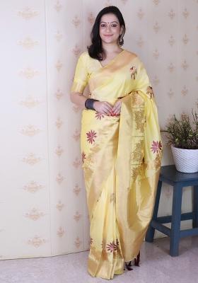 Light Yellow Woven Silk Blend Saree Set
