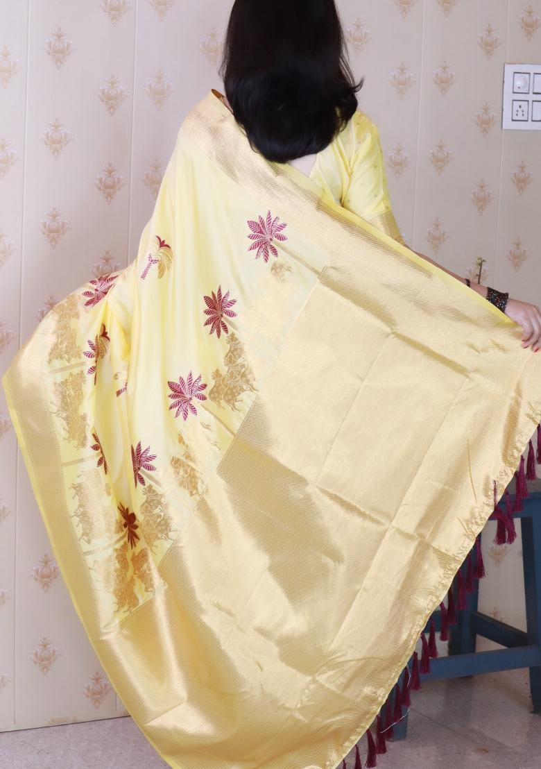 Light Yellow Woven Silk Blend Saree Set - Indya