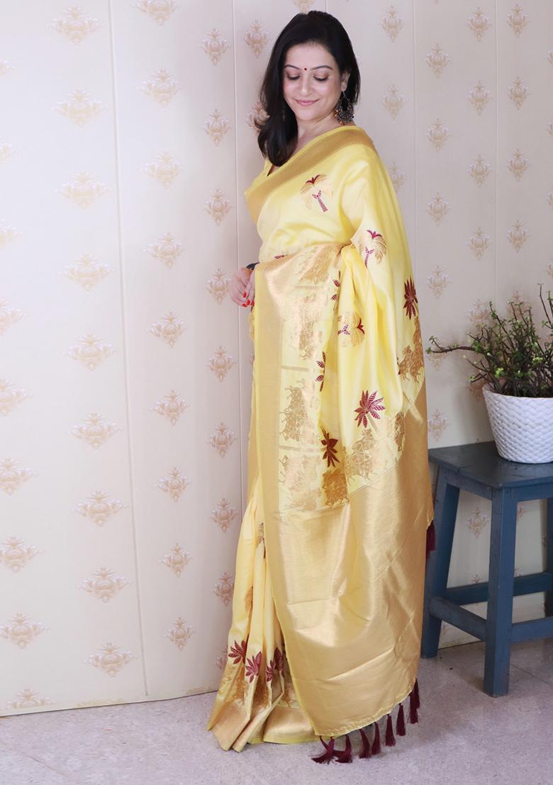 Light Yellow Woven Silk Blend Saree Set - Indya