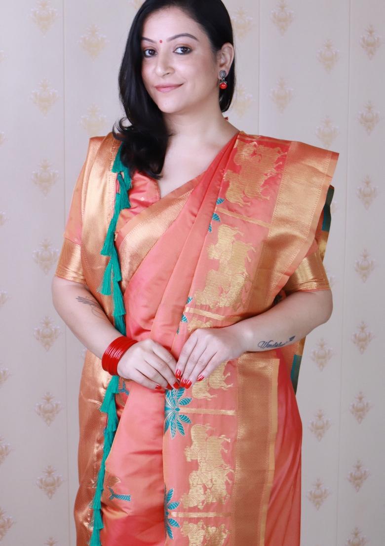 Peach Woven Silk Blend Saree Set - Indya
