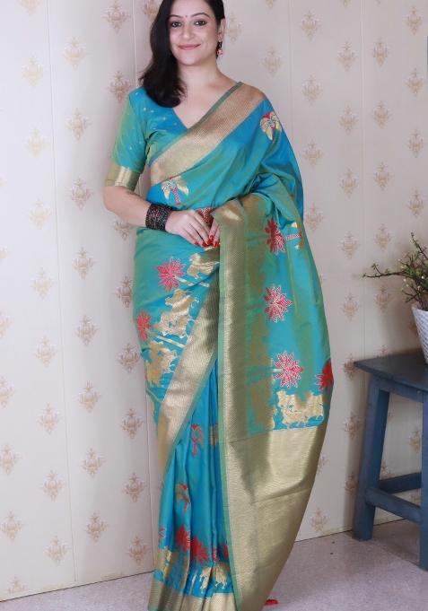 Sky Blue Woven Silk Blend Saree Set