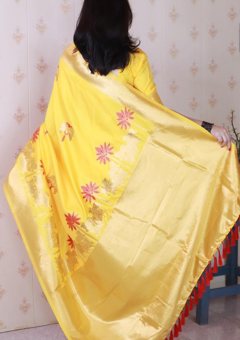 Mustard Woven Silk Blend Saree Set - Indya