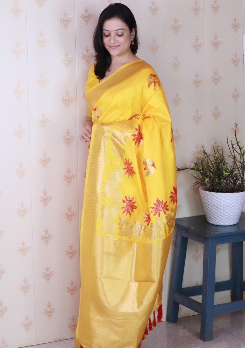 Mustard Woven Silk Blend Saree Set - Indya
