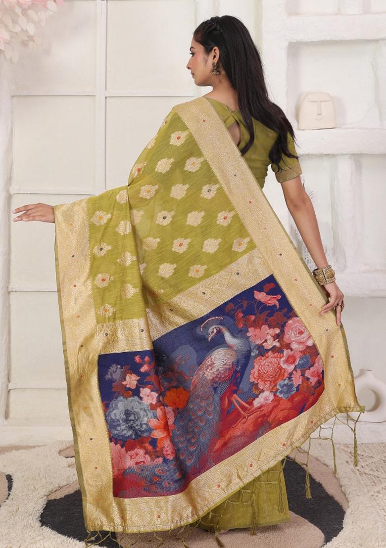 Green Woven Blended Cotton Saree Set - Indya