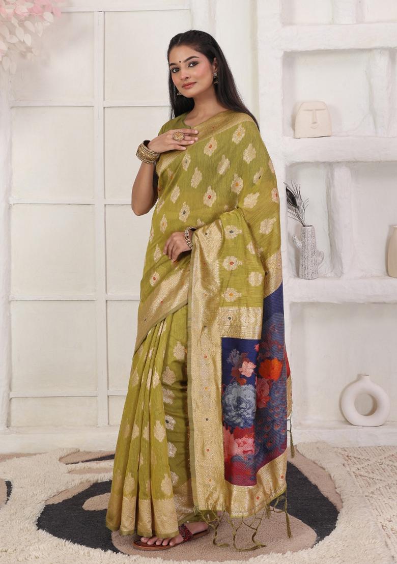 Green Woven Blended Cotton Saree Set - Indya