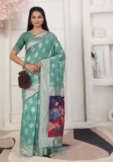 Green Woven Blended Cotton Saree Set