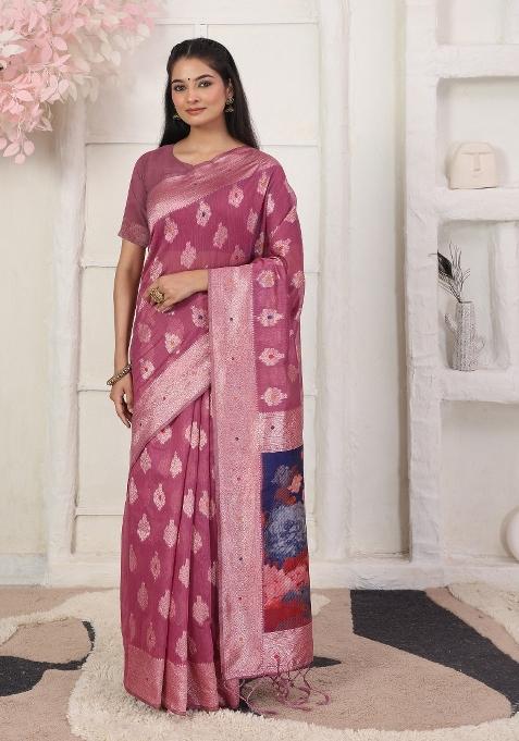 Pink Woven Blended Cotton Saree Set