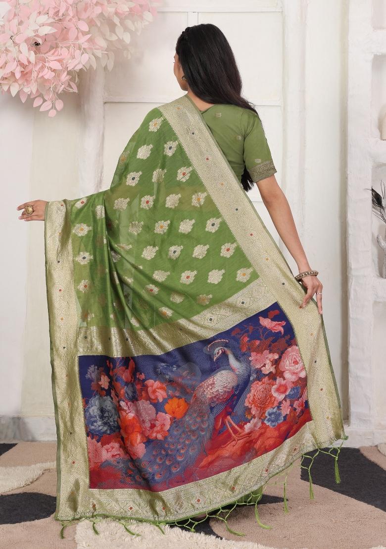 Green Woven Blended Cotton Saree Set - Indya