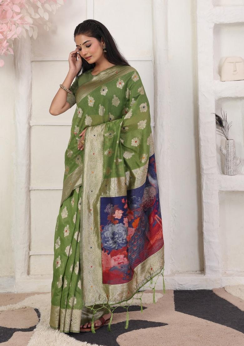 Green Woven Blended Cotton Saree Set - Indya