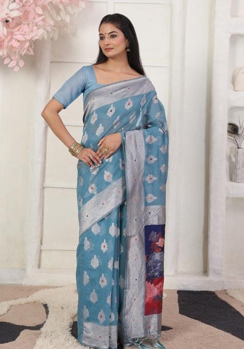 Sky Blue Woven Blended Cotton Saree Set