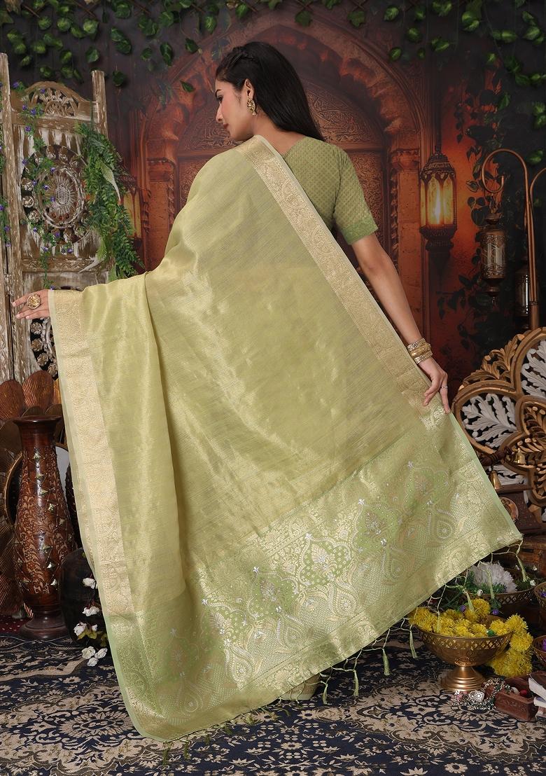 Green Woven Organza Saree Set - Indya