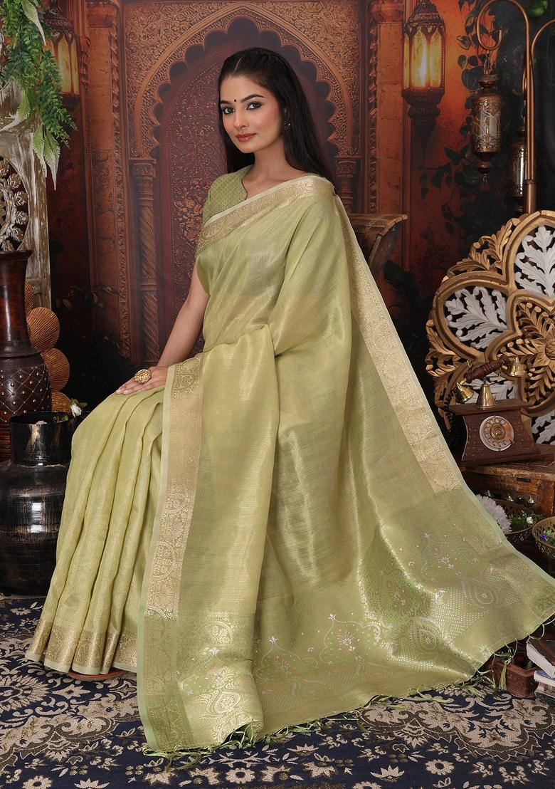 Green Woven Organza Saree Set - Indya