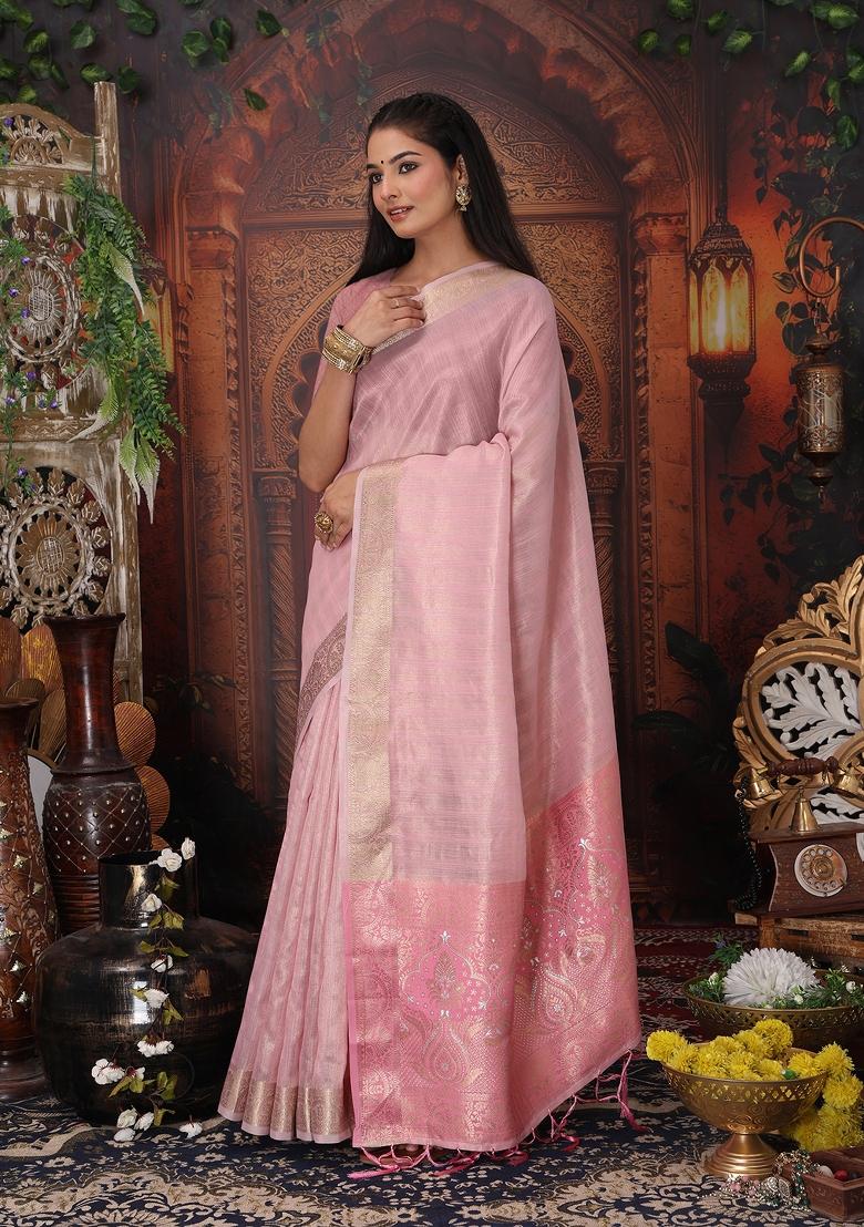 Light Pink Woven Organza Saree Set - Indya