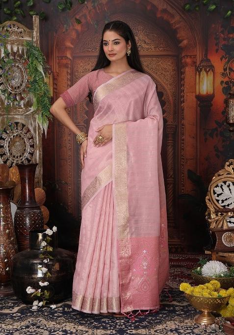 Light Pink Woven Organza Saree Set
