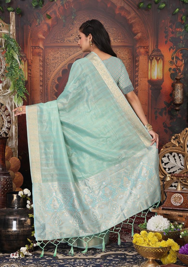 Green Woven Organza Saree Set - Indya