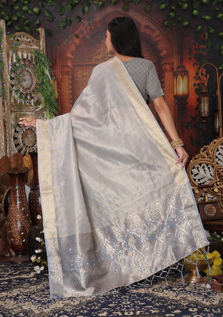 Grey Woven Organza Saree Set - Indya