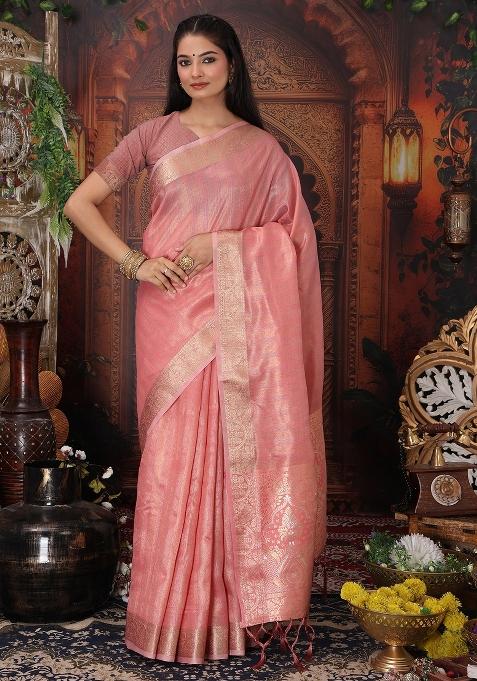 Pink Woven Organza Saree Set