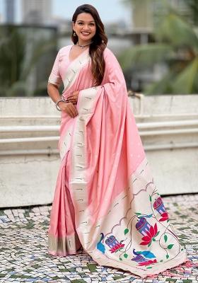 Pink Woven Silk Blend Saree Set