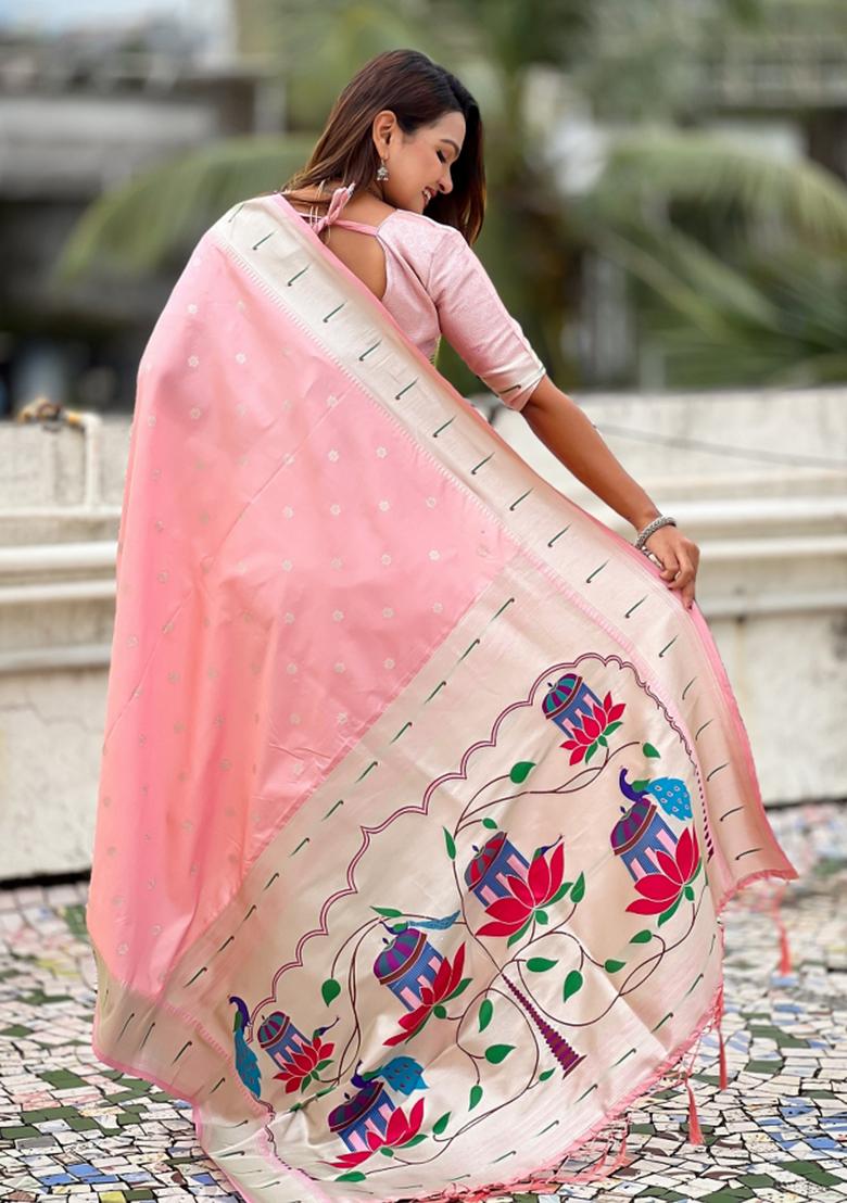 Pink Woven Silk Blend Saree Set - Indya