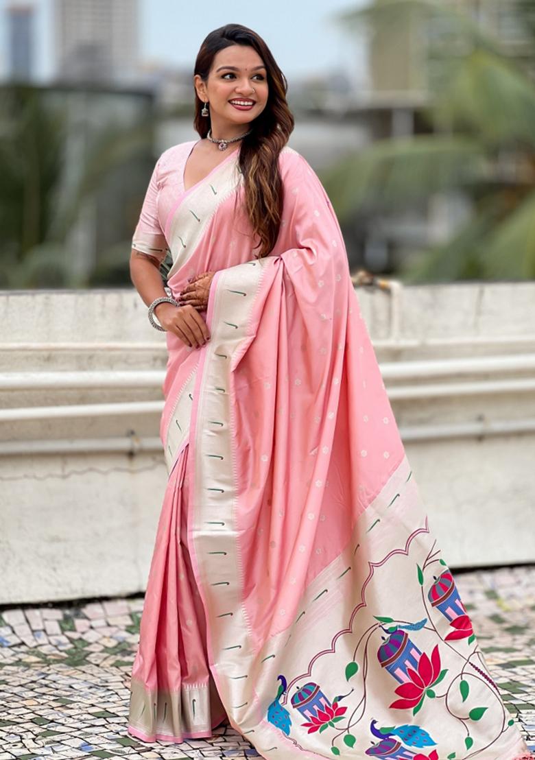 Pink Woven Silk Blend Saree Set - Indya