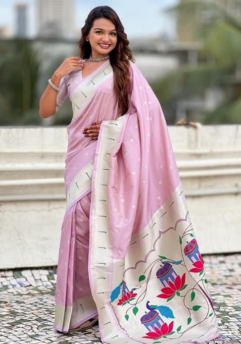 Lavender Woven Silk Blend Saree Set