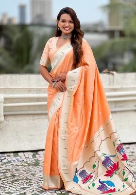 Peach Woven Silk Blend Saree Set