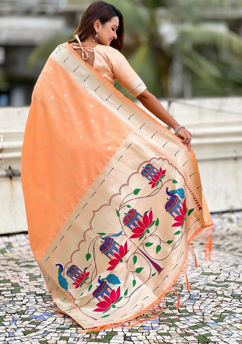 Peach Woven Silk Blend Saree Set - Indya