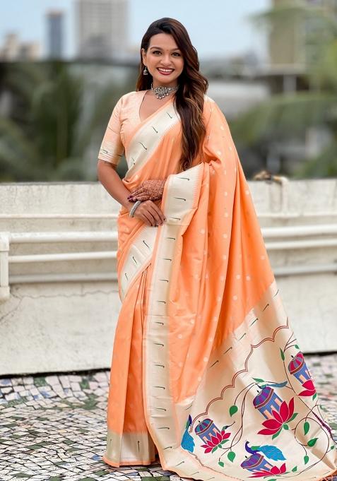 Peach Woven Silk Blend Saree Set