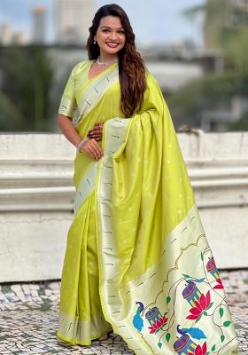 Green Woven Silk Blend Saree Set