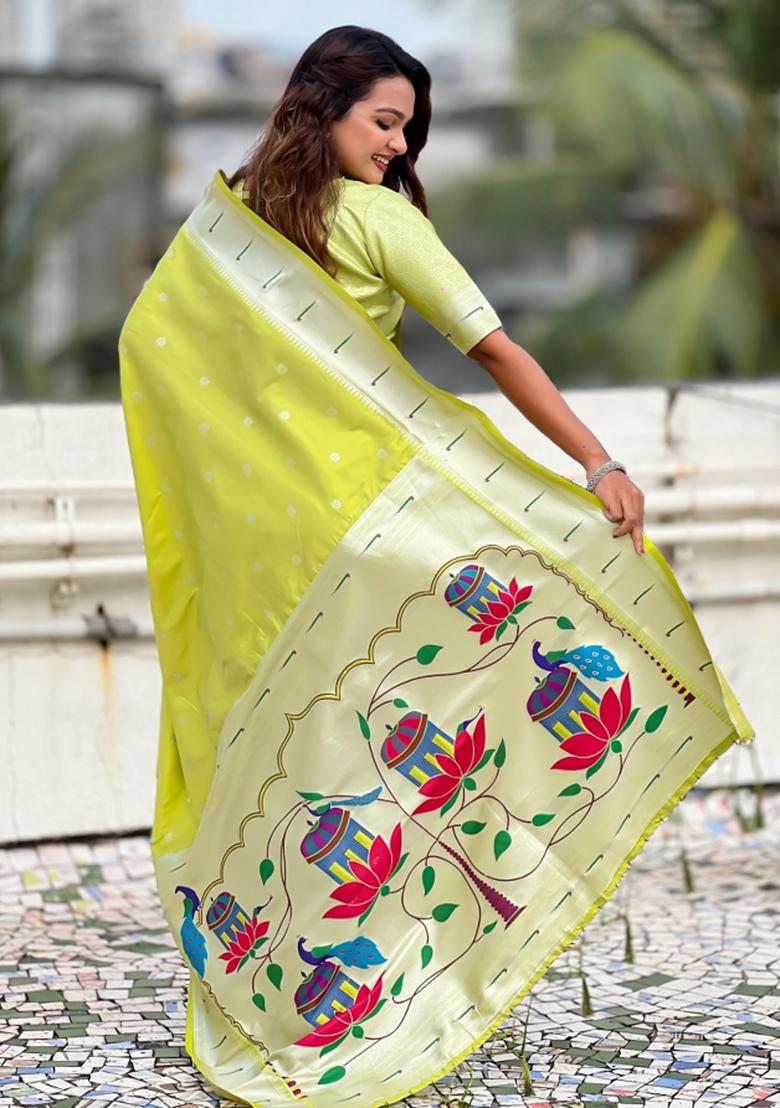Green Woven Silk Blend Saree Set - Indya