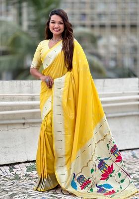 Yellow Woven Silk Blend Saree Set